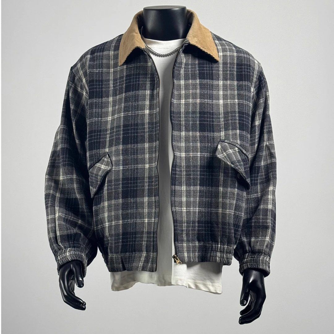 ohmmayby美式撞色翻领格子工装夹克男秋季格纹外套休闲宽松上衣潮