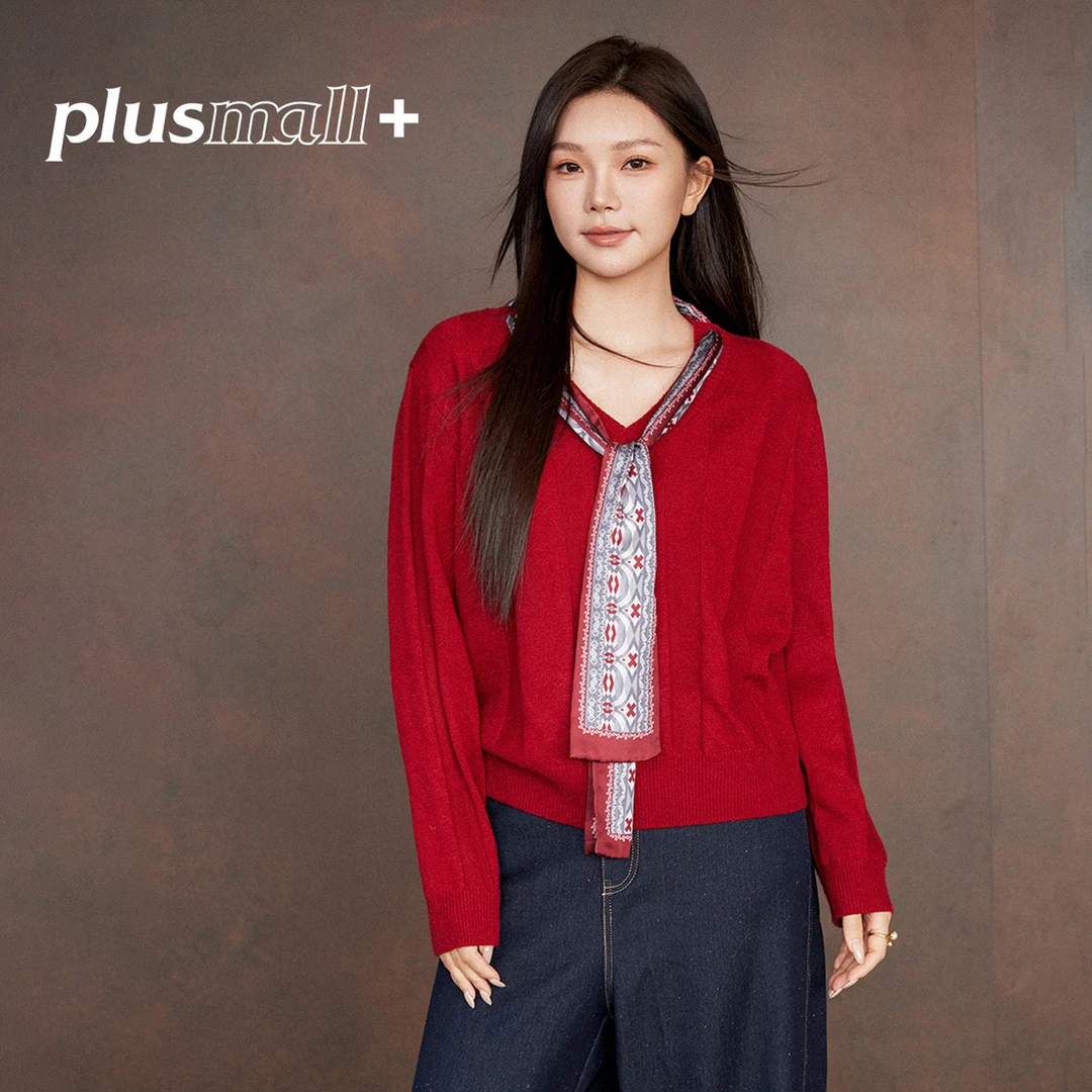 PLUSMALL 月下绯樱 羊毛混纺合身V领可拆卸丝带针织毛衣PM2511032