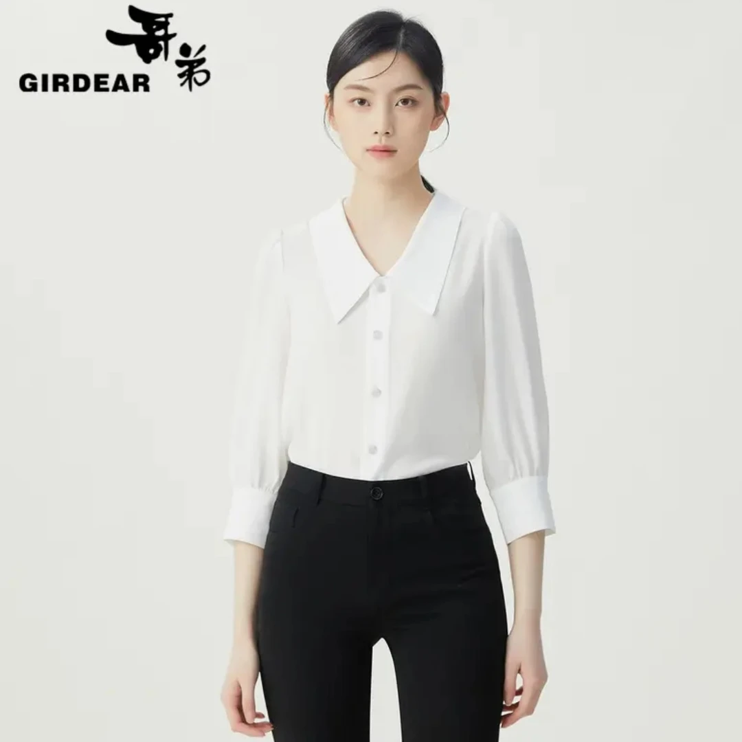 GIRDEAR/哥弟早春新款气质时尚简约设计感小众翻领衬衣1300920