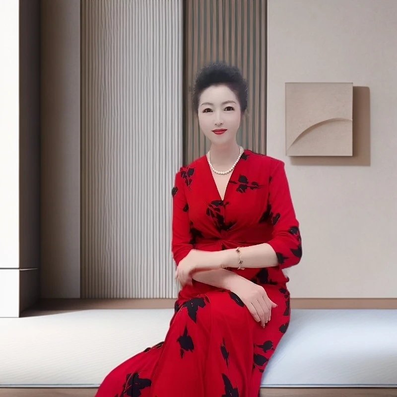 星云里微胖服饰萍姐开发｜致命女人｜新款复古红色法式长款连衣裙