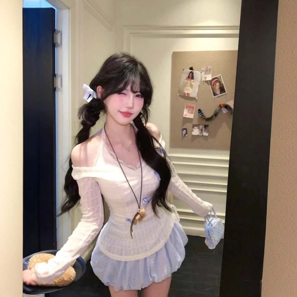 浅烙冰蓝 春夏甜美显瘦挂脖假两件上衣两件套