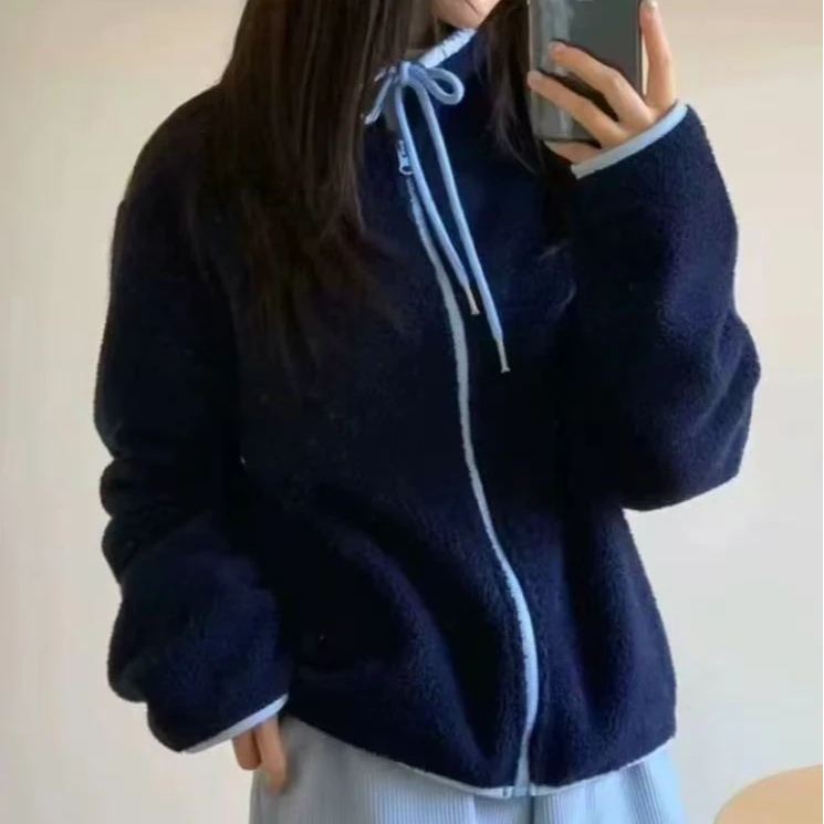 韩版显瘦保暖百搭撞色抽绳领外套  B391