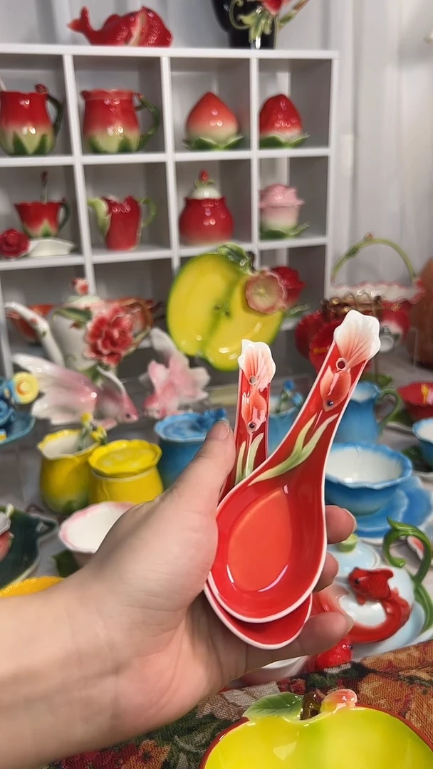 瓷红色金鱼勺子【4个】