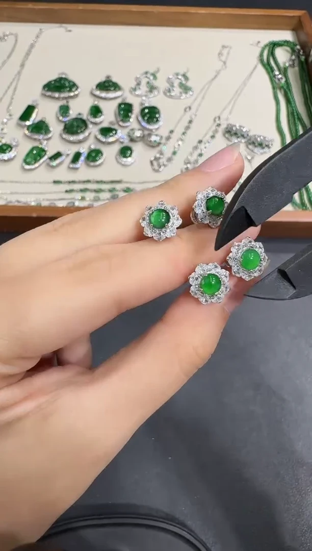 银S925镶嵌翡翠耳饰X1025-886-202多样性一对