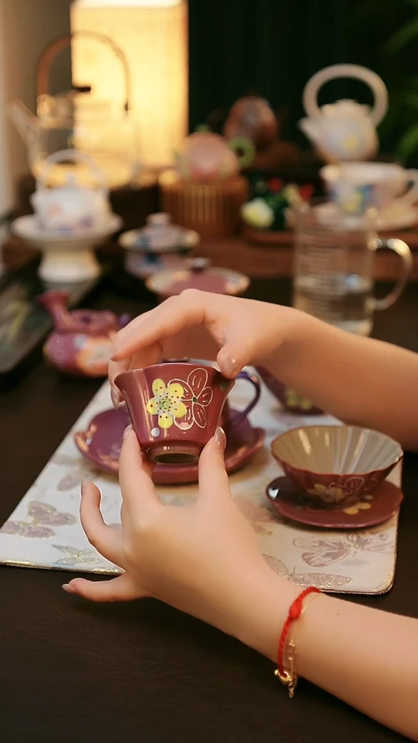 陶瓷茶具紫樱四角梅花杯