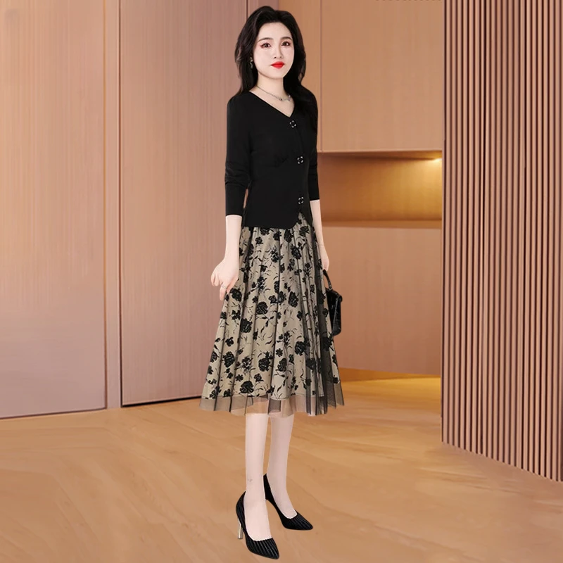 高端气质广州十三行两件套装连衣裙子女初春秋款2025洋气减龄妈妈