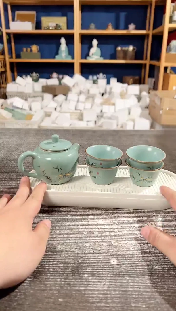 【闪购商品】其他天青汝窑富竹手执壶+4杯+茶盘