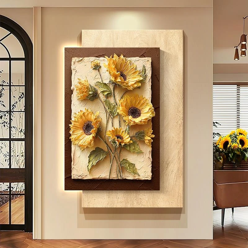 中古风高级感玄关装饰画现代简约沙发背景墙挂画向日葵玄关壁画