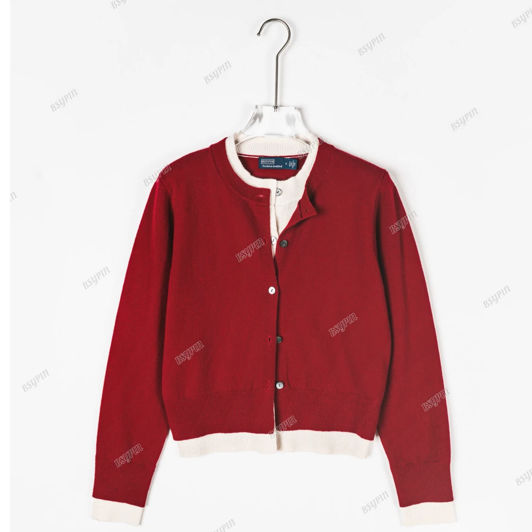 BSYPIN/伯尚优品 羊毛100枝毛条简约时尚百搭撞色假两件 BS24198