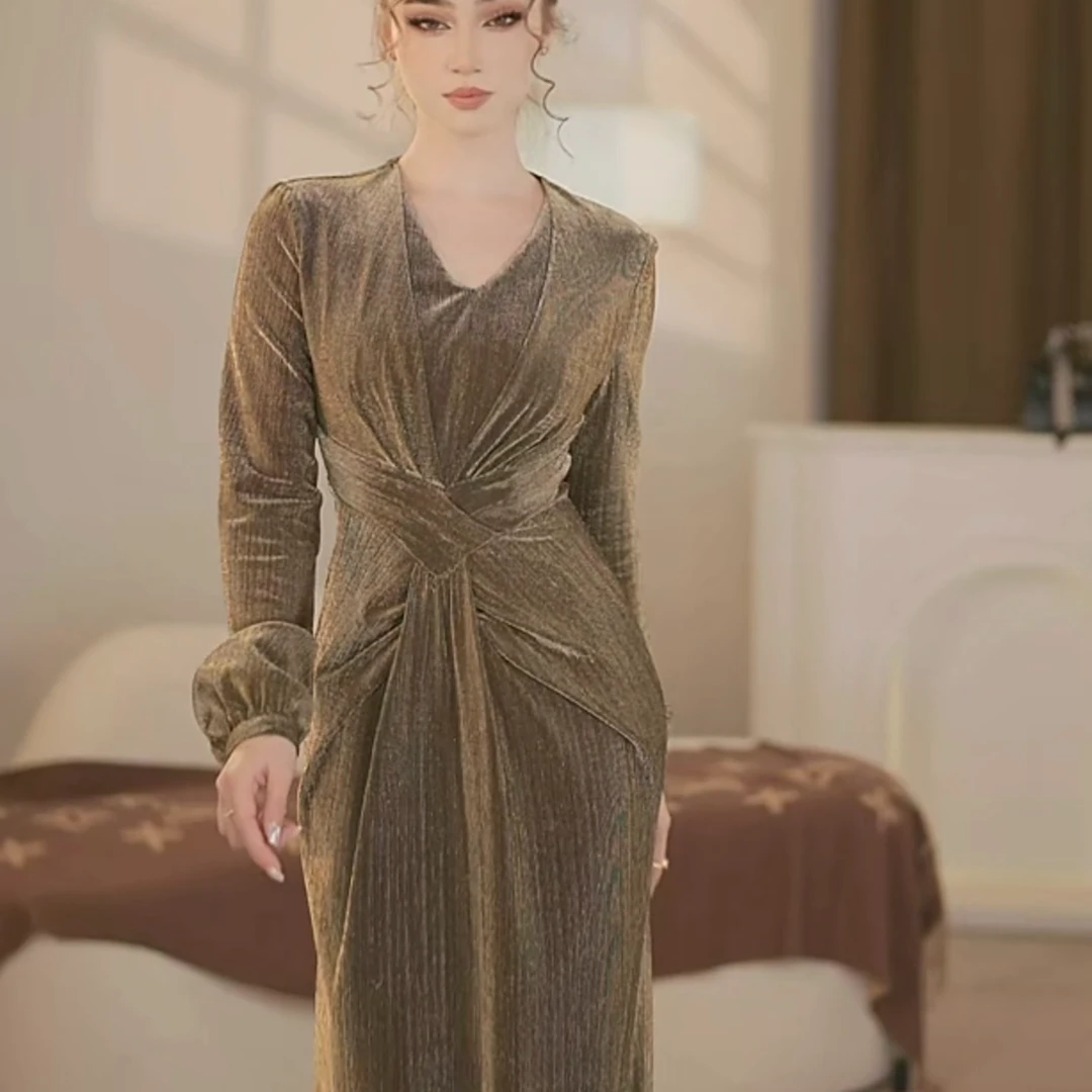 【爱妃】金棕流光秋季新款法式气质收腰显瘦鱼尾连衣裙-YL11056