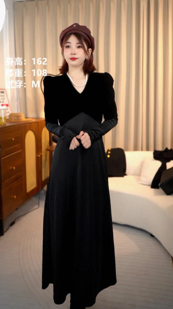 【摩登夫人】9779高级感丝绒拼接醋酸缎面女高腰气质显瘦垂感连衣裙