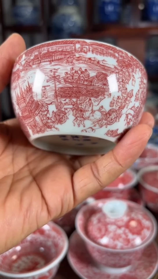 柴窑釉里红清明上河图杯杯