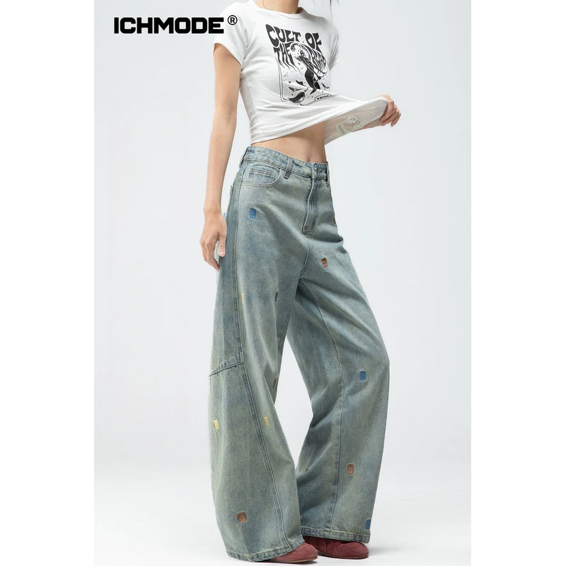ICHMODE美式直筒牛仔裤女阔腿弯刀裤蓝色水洗高腰休闲夏季复古