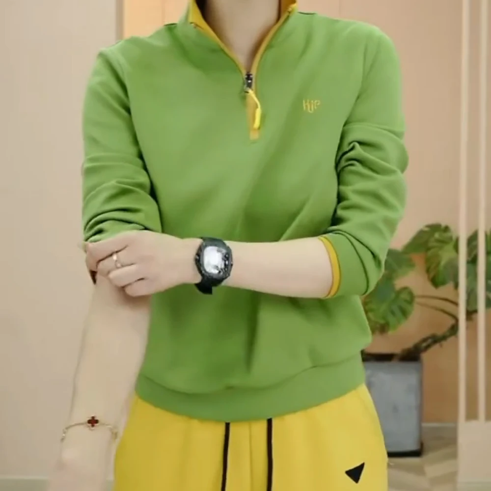 2025春季新款时尚百搭修身显瘦设计感半拉链显瘦女士长袖T恤上衣