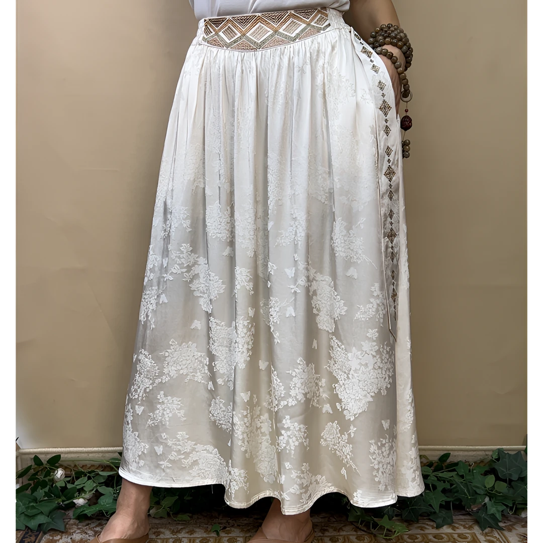 【正品保证】缎面复古绣花民族风新中式女装大气宽松重工松半身裙