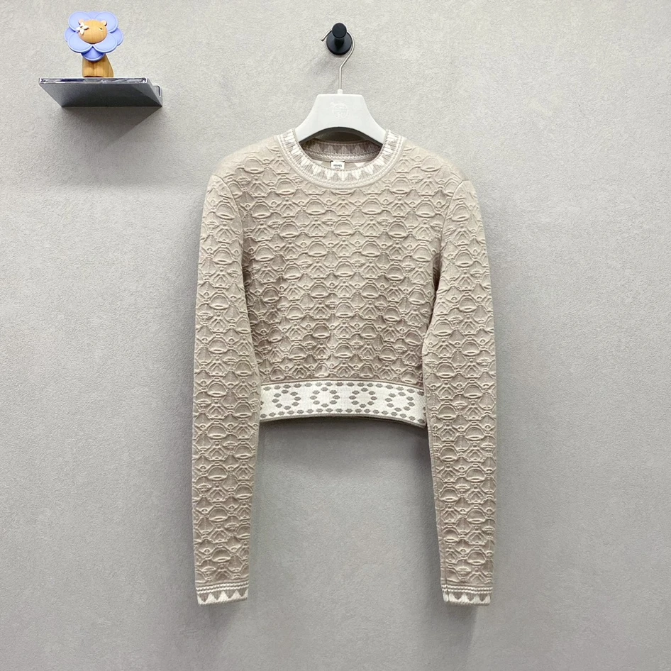 99新 Hermes/爱马仕 米白色几何图案提花毛衣/尺码36/99新/000339