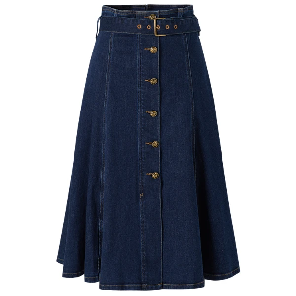 【众心专属】时尚A摆半身裙秋季高腰潮流排扣设计感中长款牛仔裙