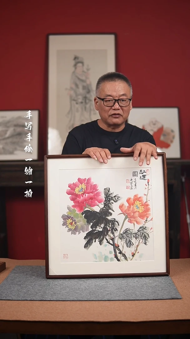 国画手绘-52*52实木框花鸟