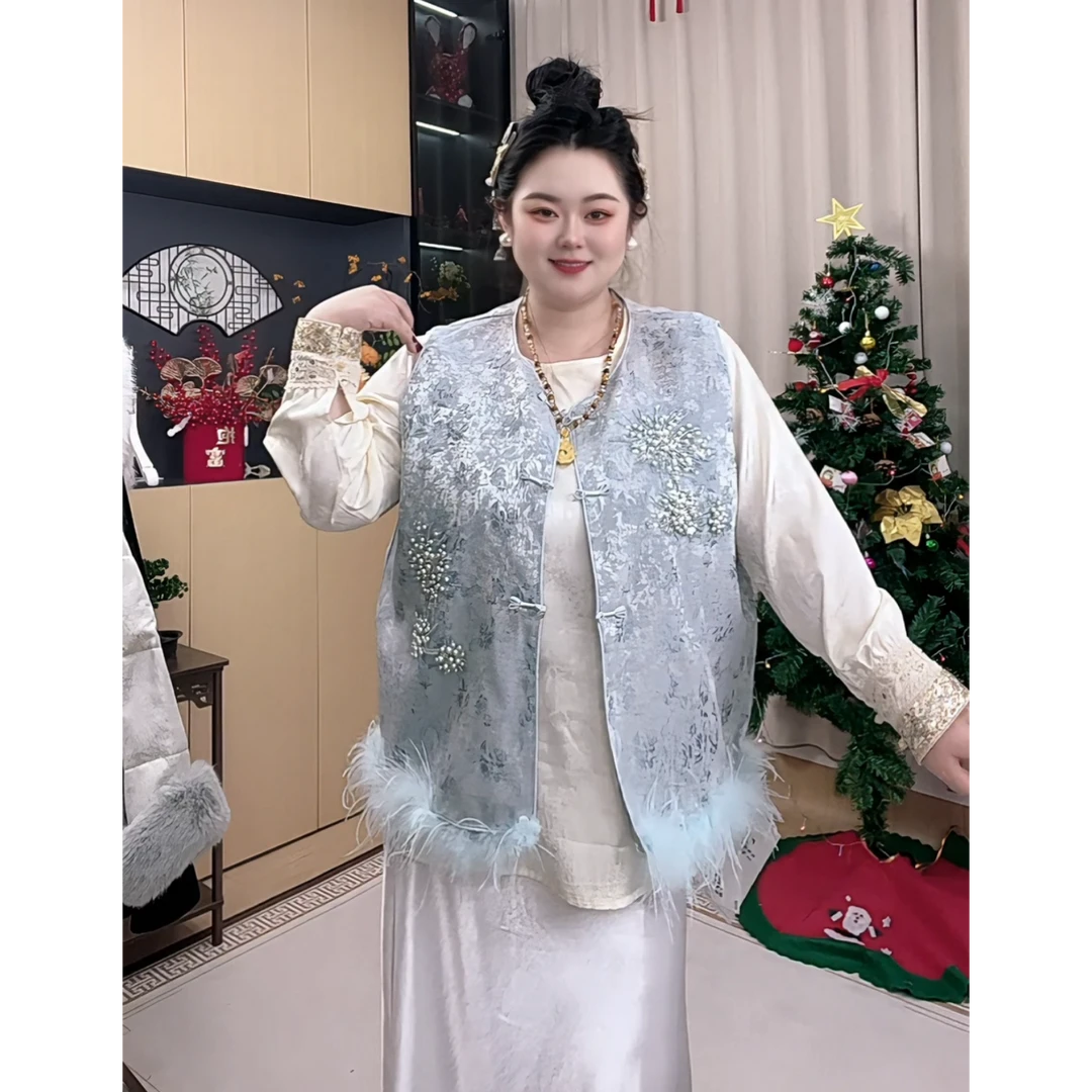 胖小旭【清雅脱俗】大码新中式国风秋冬新款宽松钉珠亮片薄款马甲