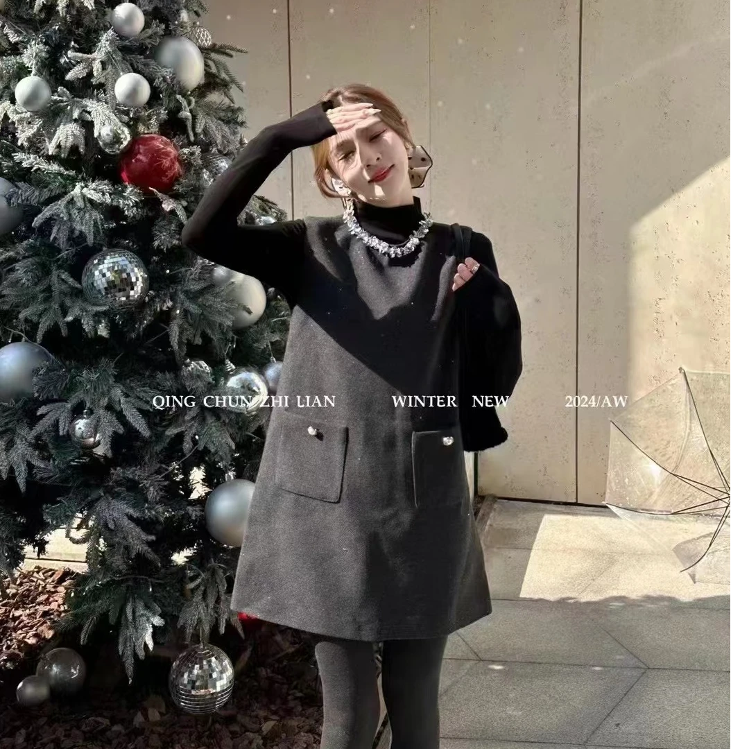 乖乖女装 2025年款满天星毛呢背心裙半高领打底衫两件套套裙