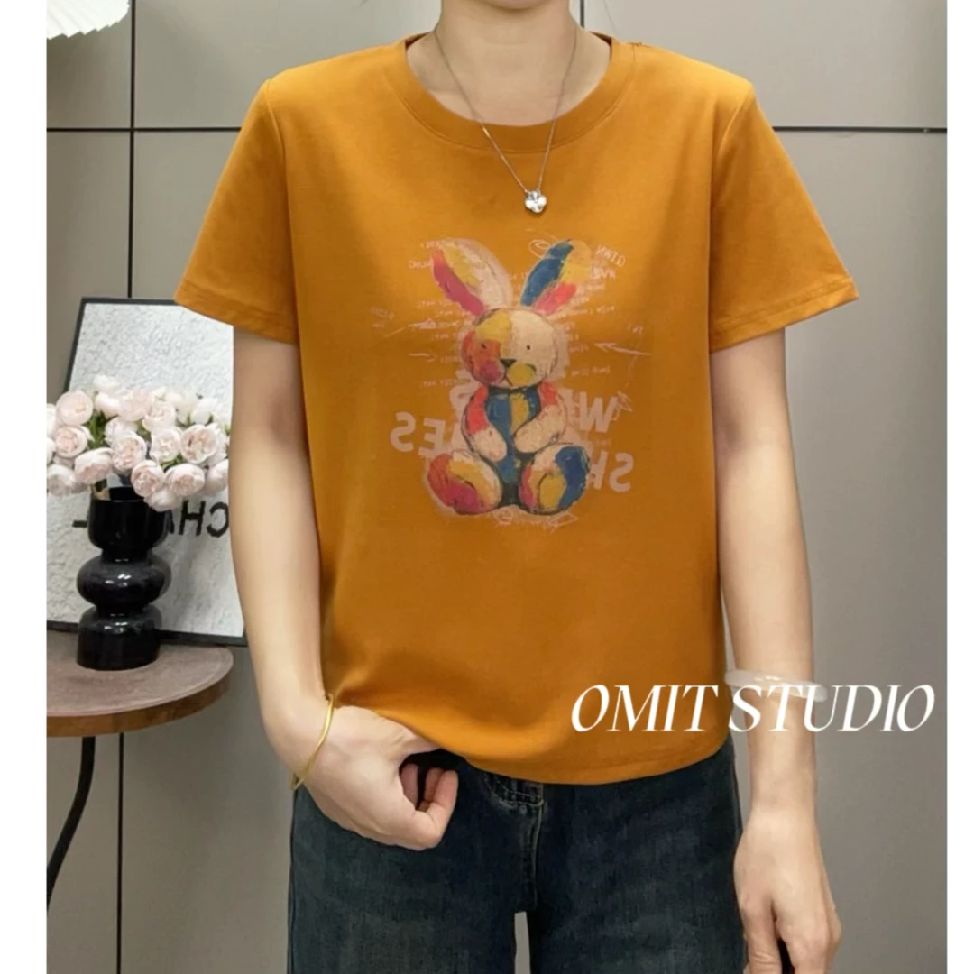 【彩色兔】新款秋季中厚弹力棉正肩修身印花短袖