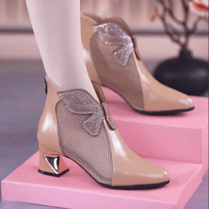时装靴粗跟单靴单鞋女靴尖头高跟百搭凉靴女春夏网靴短靴女鞋