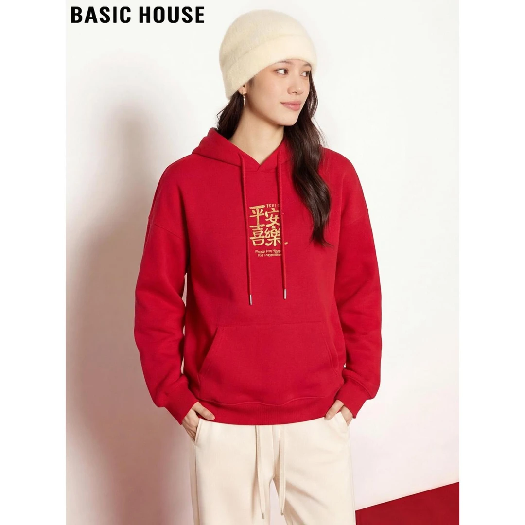 Basic House/百家好本命年红色连帽卫衣女2026春季慵懒风套头上衣