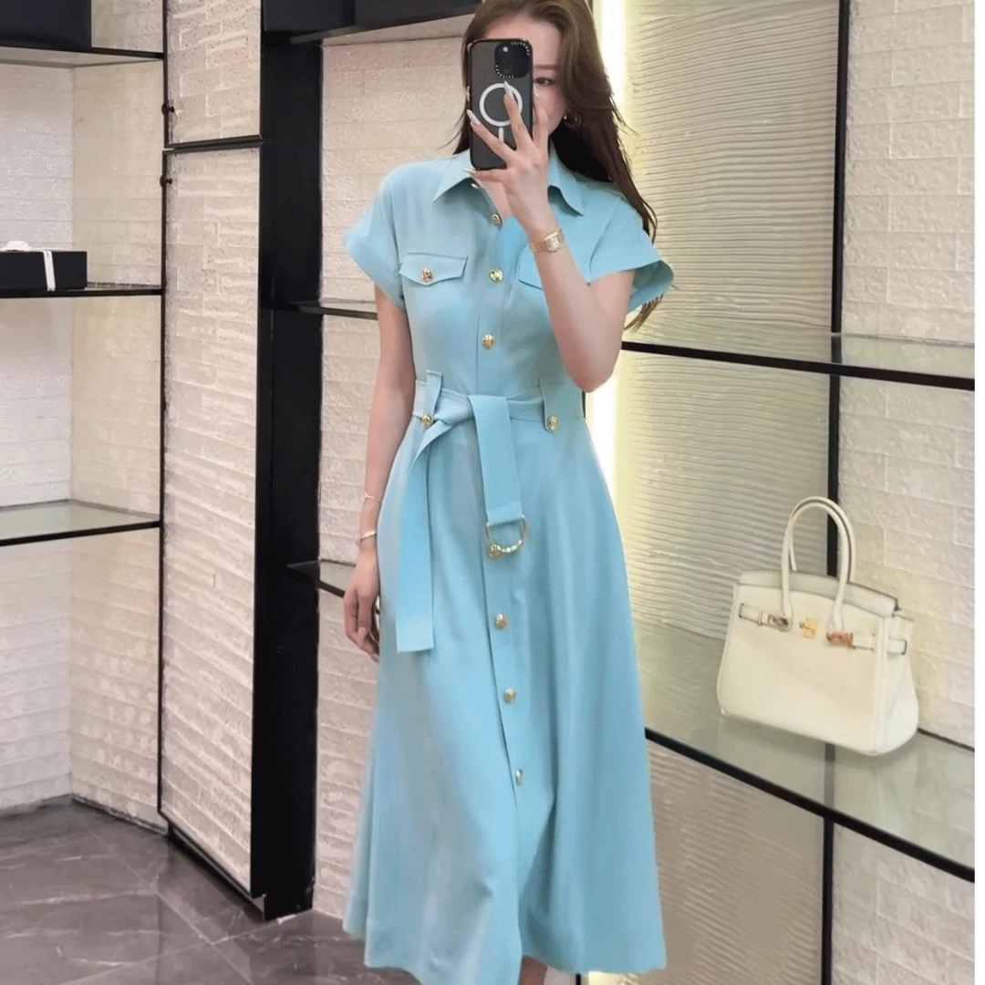 浅蓝色气质法式连衣裙单排扣长裙轻职风夏季小众显瘦休闲女装翻领