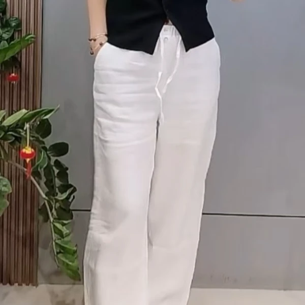 04-7152夏季长款松紧腰亚麻直筒拖地裤（裤长103－105）卡码拍小