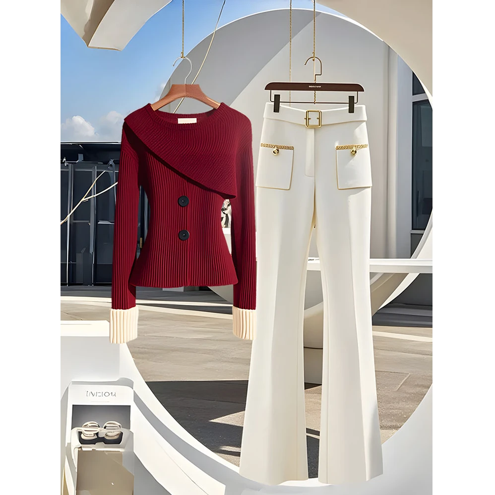 2025穿搭一整套时尚洋气爆款安可拉红色毛衣针织衫显瘦百搭直筒裤