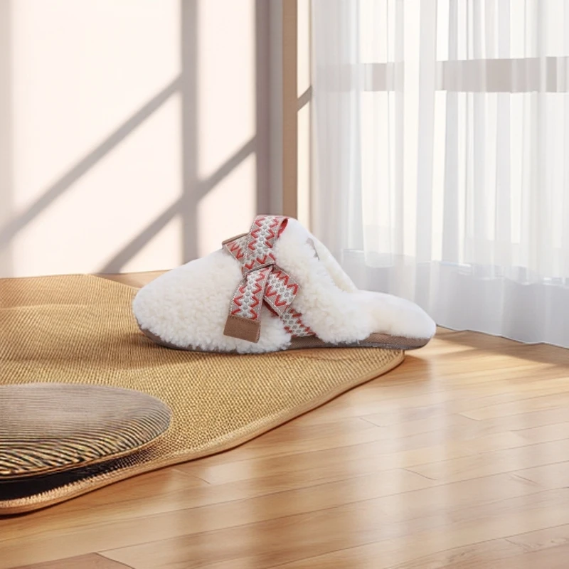 YIMELLUGG蝴蝶结纯色羊毛拖时尚软底网红居家加绒毛绒秋冬季