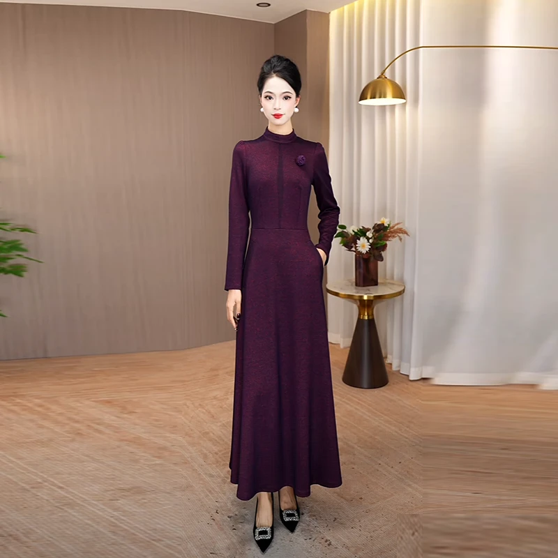 秋季连衣裙2025新款拼接修身显瘦大摆气质裙子大摆气质长袖长裙