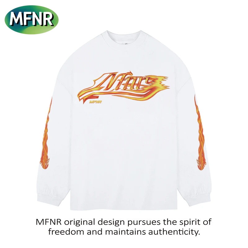 美式嘻哈火焰流星字体印花圆领宽松重磅纯棉长袖T恤秋季打底衫潮