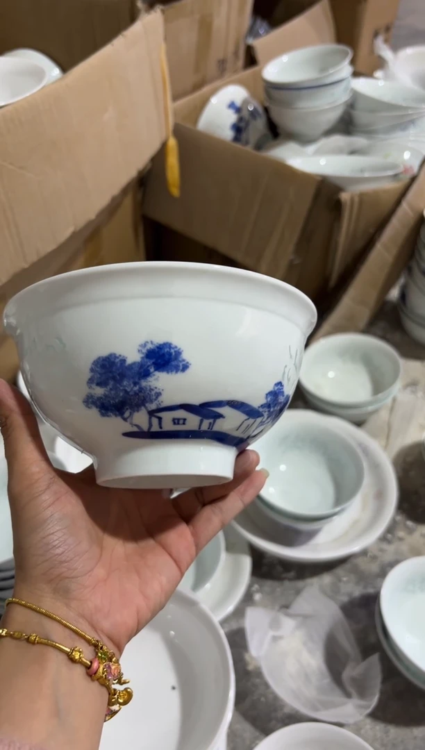 白瓷世外桃源树和房子面碗微瑕2个