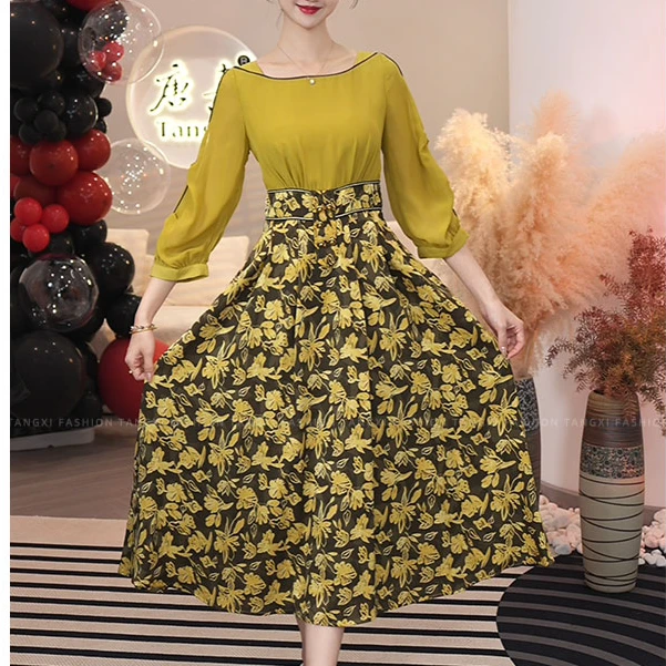 2025夏季新款【ZM24-X61】气质茶歇法式赫本风拼接大裙摆连衣裙子女