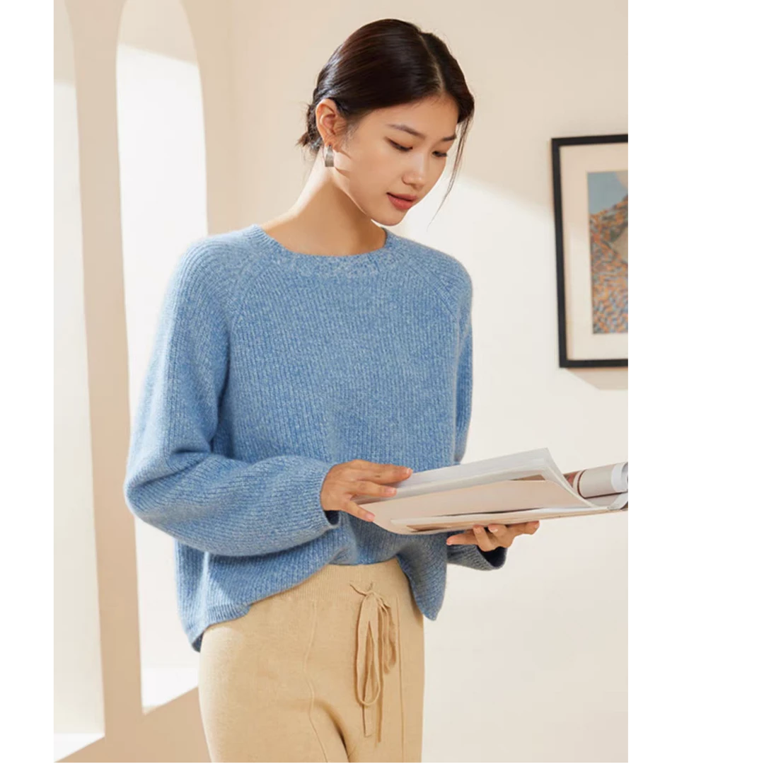 花纱100山羊绒衫女加厚宽松针织打底短款韩版元宝针毛衣冬季内搭