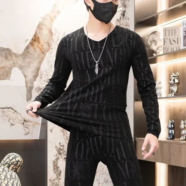 秋冬季男士新款长袖打底压花磨绒加绒加厚双面磨绒睡衣两件套