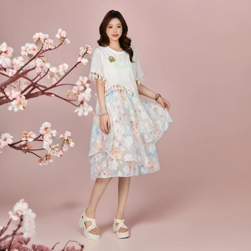 B.Duck小黄鸭假两件碎花连衣裙女2026年夏新款设计感气质度假裙子