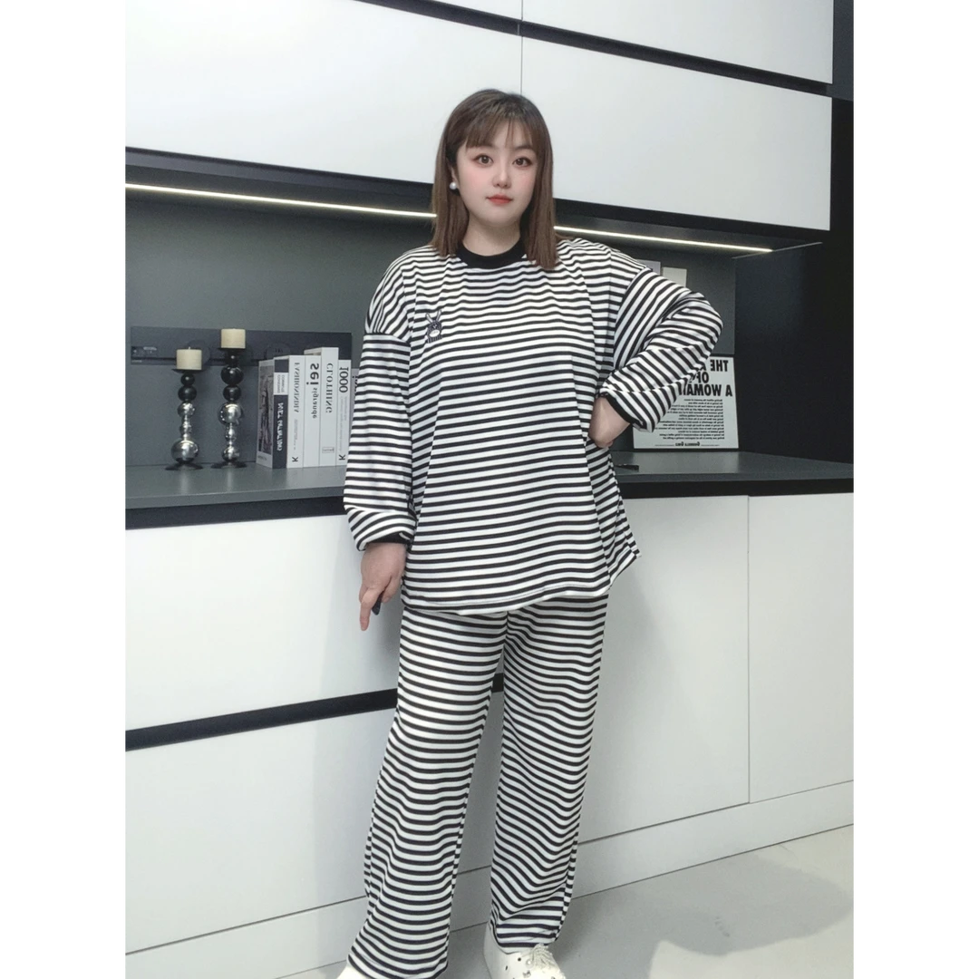 【有运费险】2025秋季新款长袖条纹女士睡衣大码家居服套装DTT8959