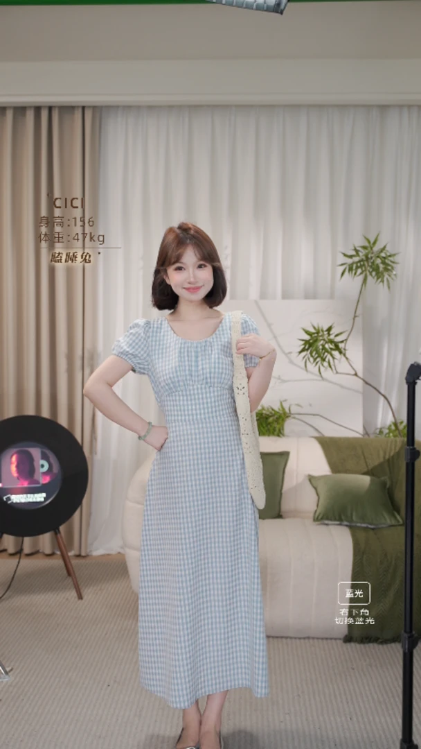 瞌睡兔定制【海盐碎碎冰】夏季时尚法式收腰显瘦修身格子短袖连衣裙