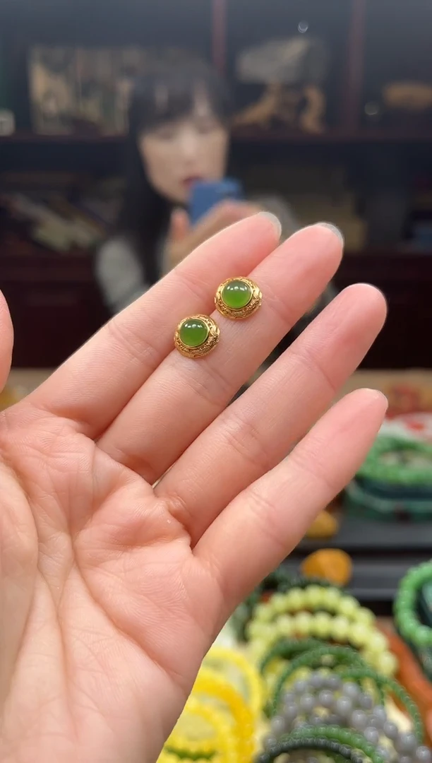 银S925镶嵌和田玉耳饰碧玉耳钉