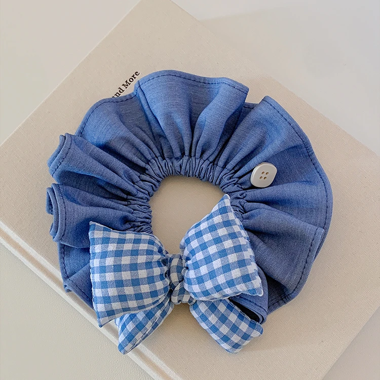 蓝色格子蝴蝶结大肠发圈女高级感大号头绳韩系慵懒风丸子头发饰圈