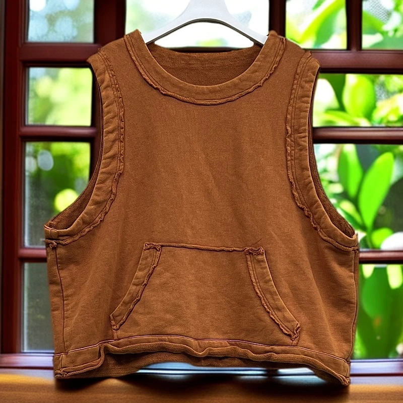 重工炒色做旧套头马甲时尚休闲复古百搭无袖坎肩背心2025春夏新款