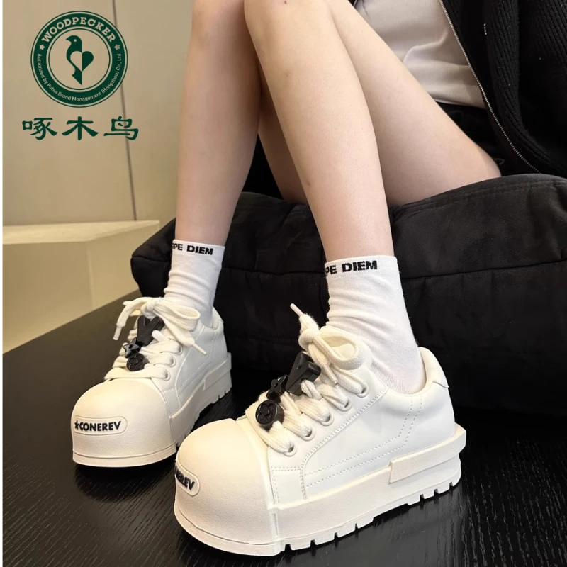 啄木鸟白鹿同款开口厚底大头丑萌小白鞋女小众笑脸面包鞋休闲鞋子