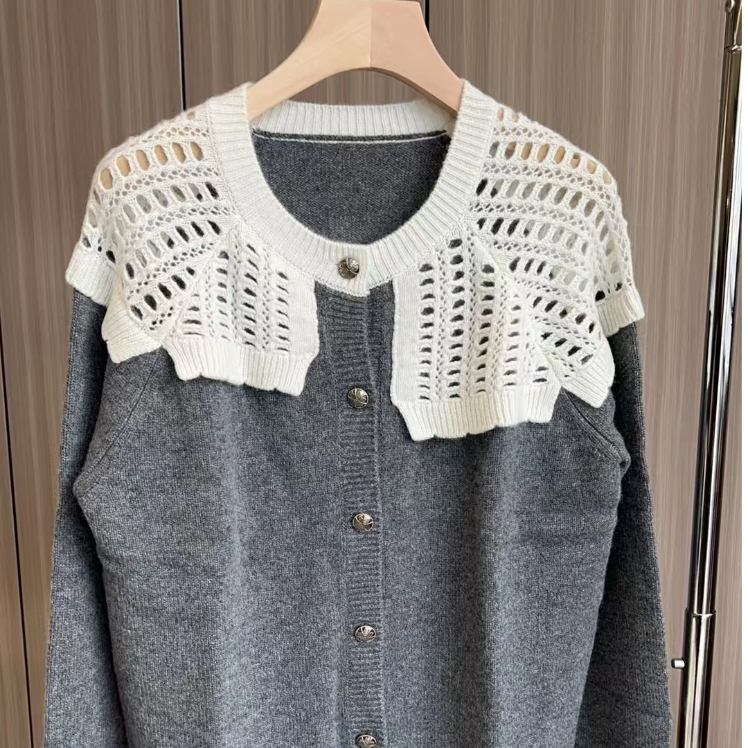 【百分百山羊绒】241150早春新款时尚拼接款娃娃领羊绒衫