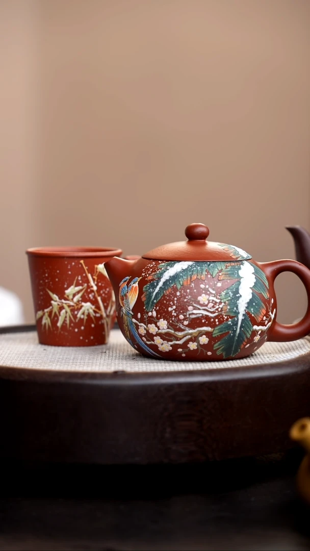 茶壶紫砂朱泥西施泥绘双鸟雪景+杯