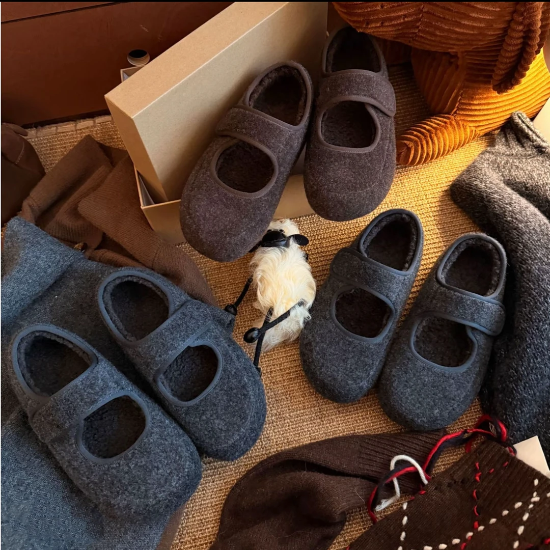 单鞋魔术贴秋季鞋子毛呢时尚休闲鞋舒适软底韩版防滑加绒豆豆鞋