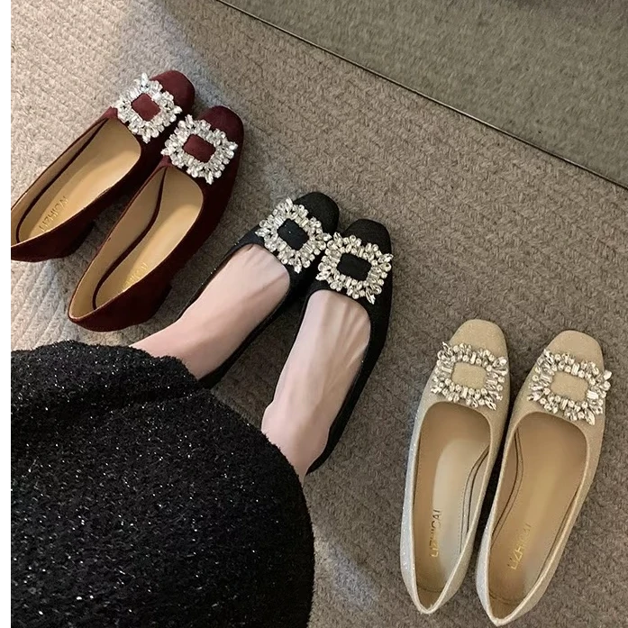 金慧彩法式方头水钻粗跟2025秋季通勤小香风低跟鞋女