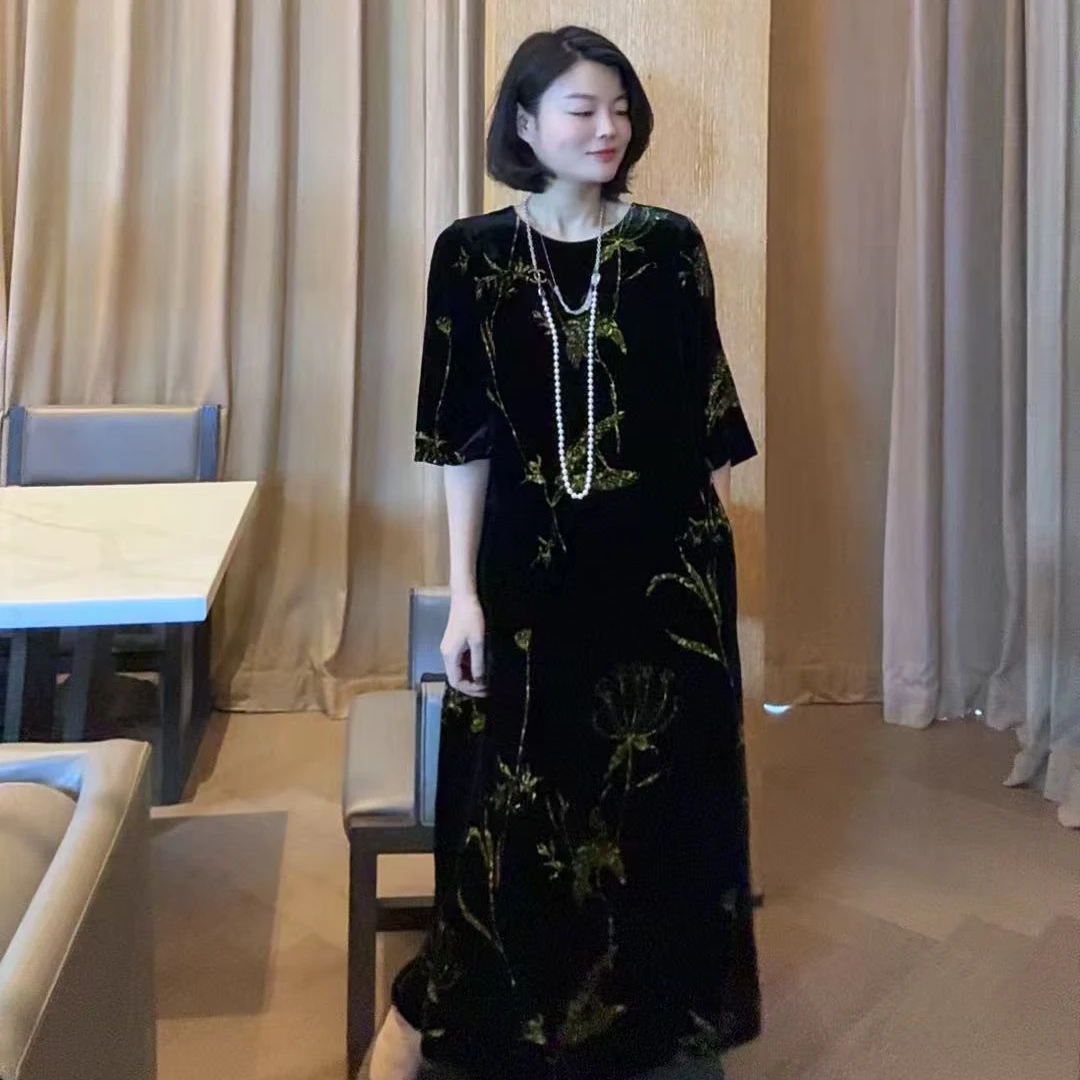 TANTAN  真丝丝绒 气质黄色印花半袖连衣裙 LL  2314