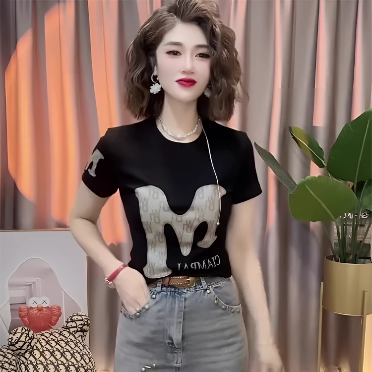 网红同款圆领休闲洋气半袖女夏字母印花时尚百搭设计感短袖T恤衫